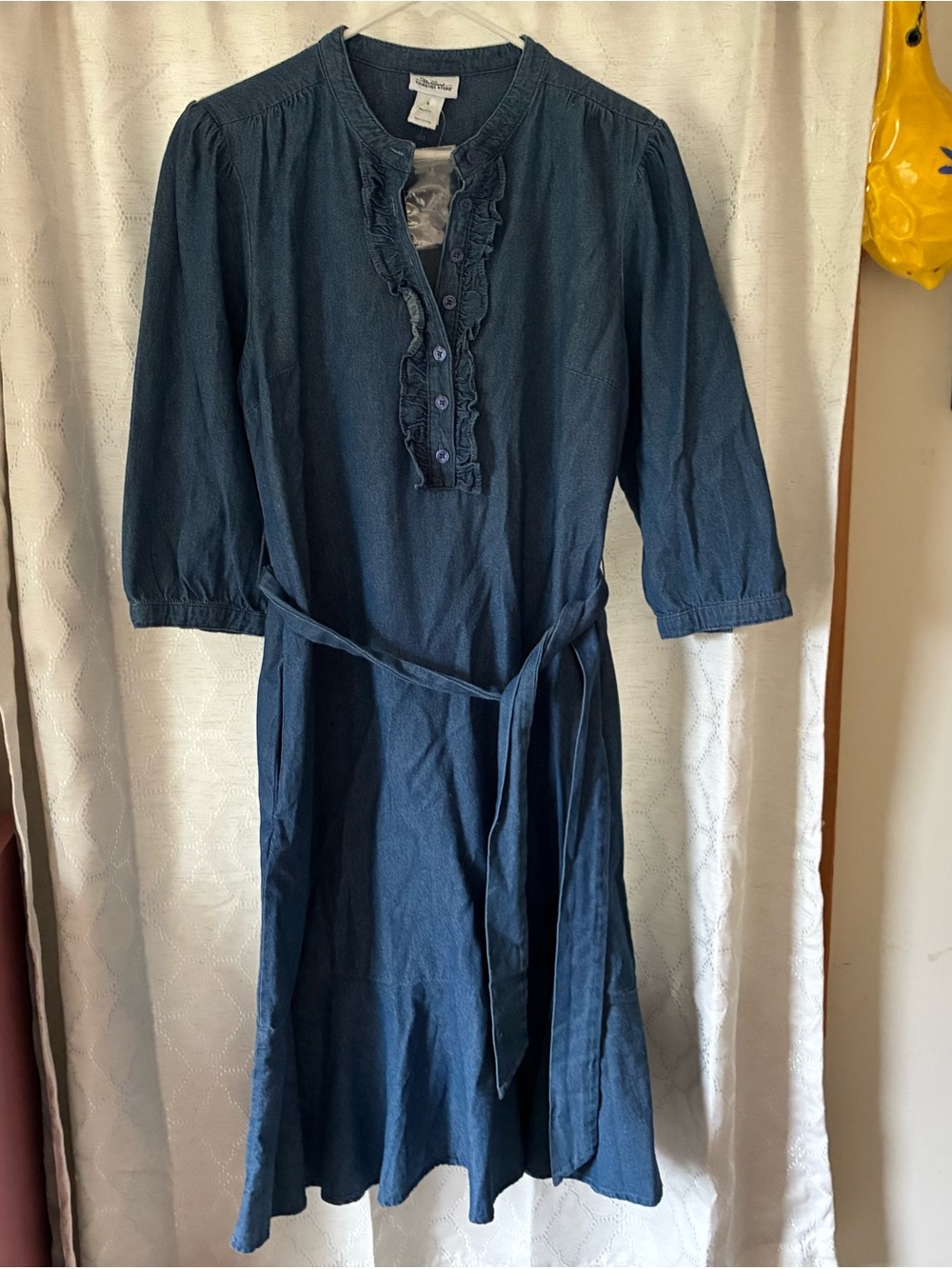 Women’s Vermont Country Store Blue Ruffle-Front Tie-Waist Dress Medium